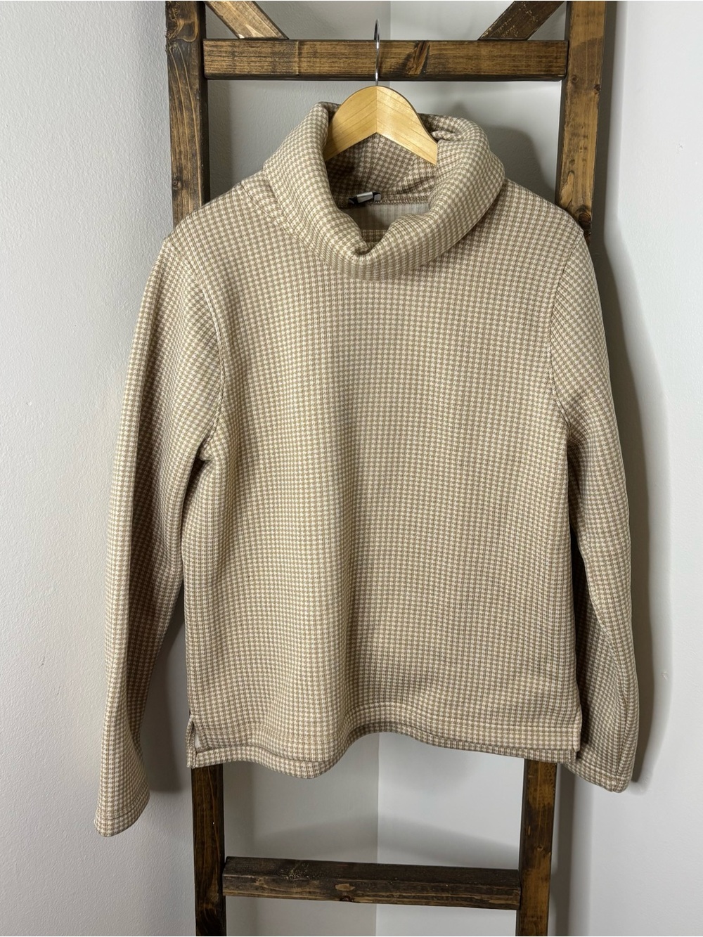 J. Crew Cozy Cream Houndstooth Turtleneck Sweater Size XL